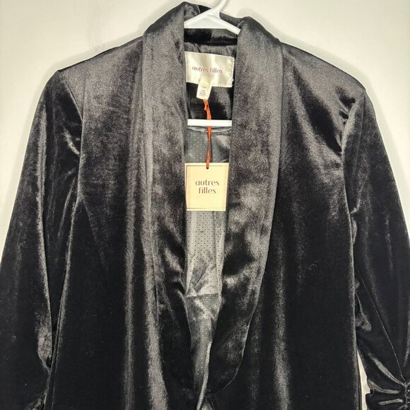 AUTRES FILLES NEW Black Velvet Blazer Womans S 3/4 Sleeve Rouching - Picture 1 of 6
